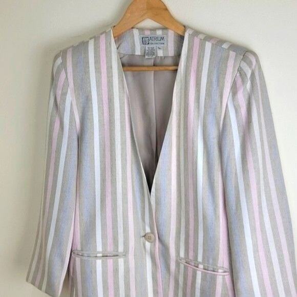 Atrium Collection Vintage 90s Womens Collarless Striped Blazer size M Beige - Picture 3 of 9